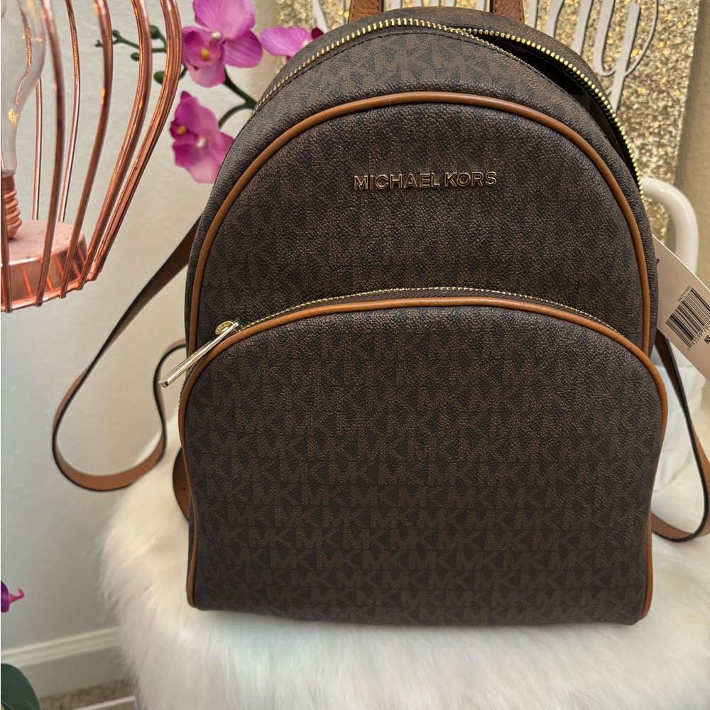 Michael Kors Brown Backpack with Signature Monogram and Leather Trim